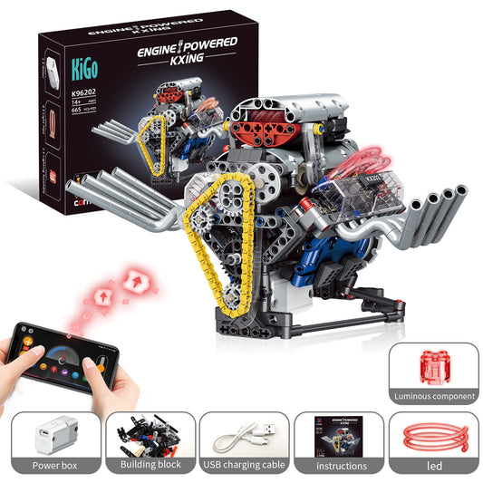 Hellcat-Style Realistic Engine Model Building Kit, Motorized with APP Control & LED Lights - 665+ PCS