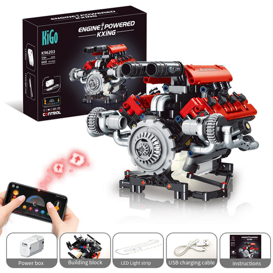 Ferrari-Style Realistic V8 Engine Model Building Kit, Motorized with APP Control & LED Lights - 665+ PCS