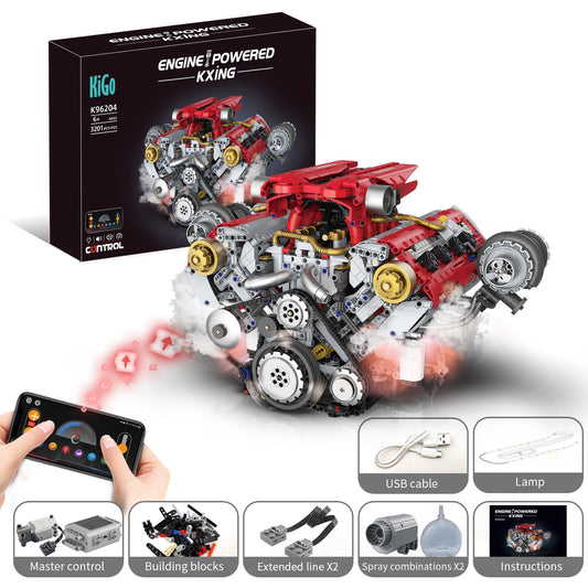 Ferrari-Style Realistic V8 Engine Model Building Kit, Motorized with APP Control & LED Lights - 3160+ PCS