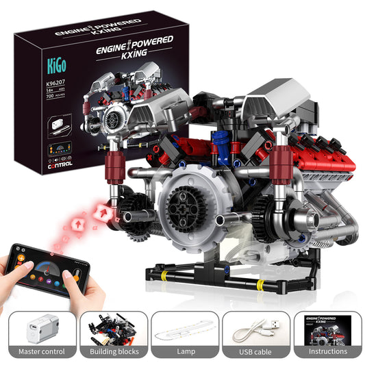 Ferrari-Style Realistic V8 Engine Model Building Kit, Motorized with APP Control & LED Lights - 700+ PCS
