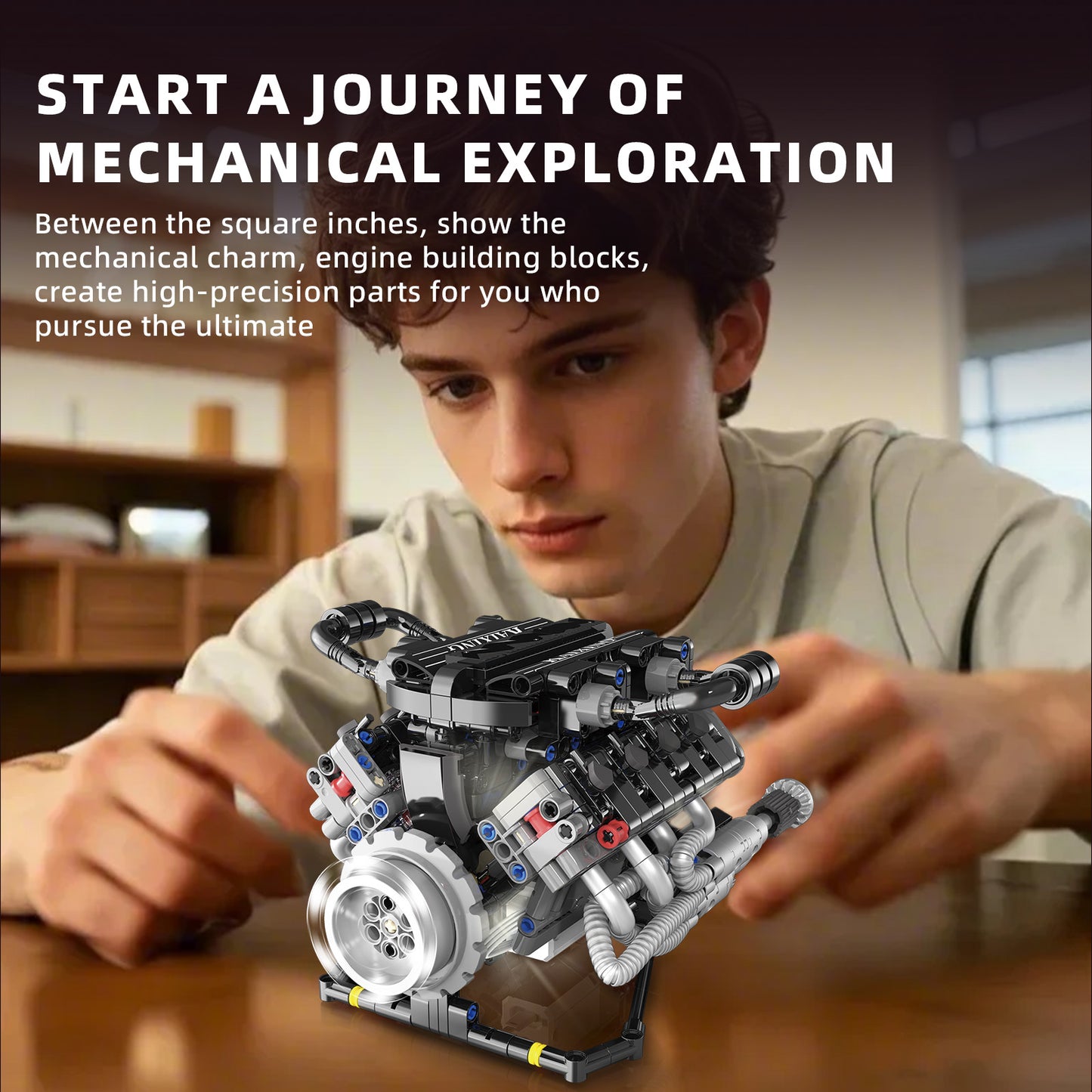 Lambo-Style Realistic V8 Engine Model Building Kit with APP Control & LED Lights - 715+ PCS STEM Toy, Collectible Display for Adults