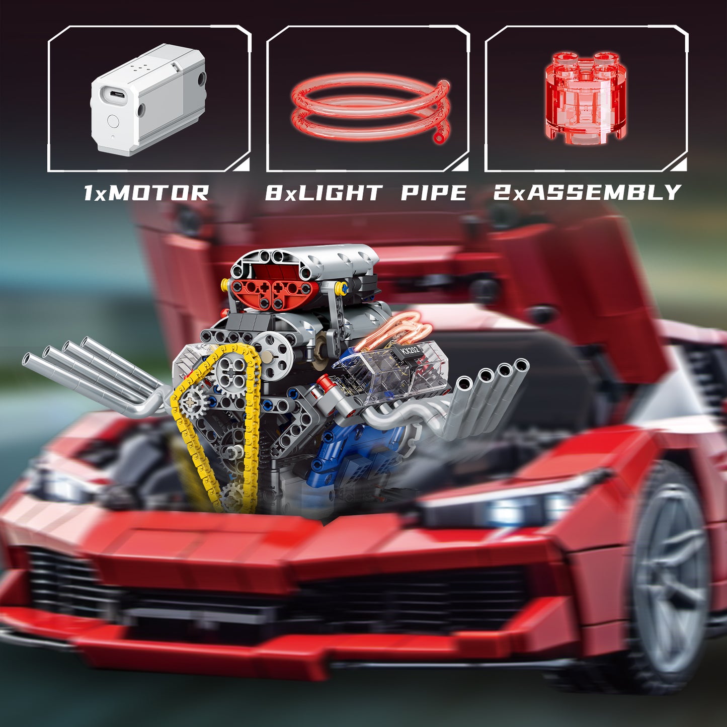 Hellcat-Style Realistic Engine Model Building Kit, Motorized with APP Control & LED Lights - 665+ PCS