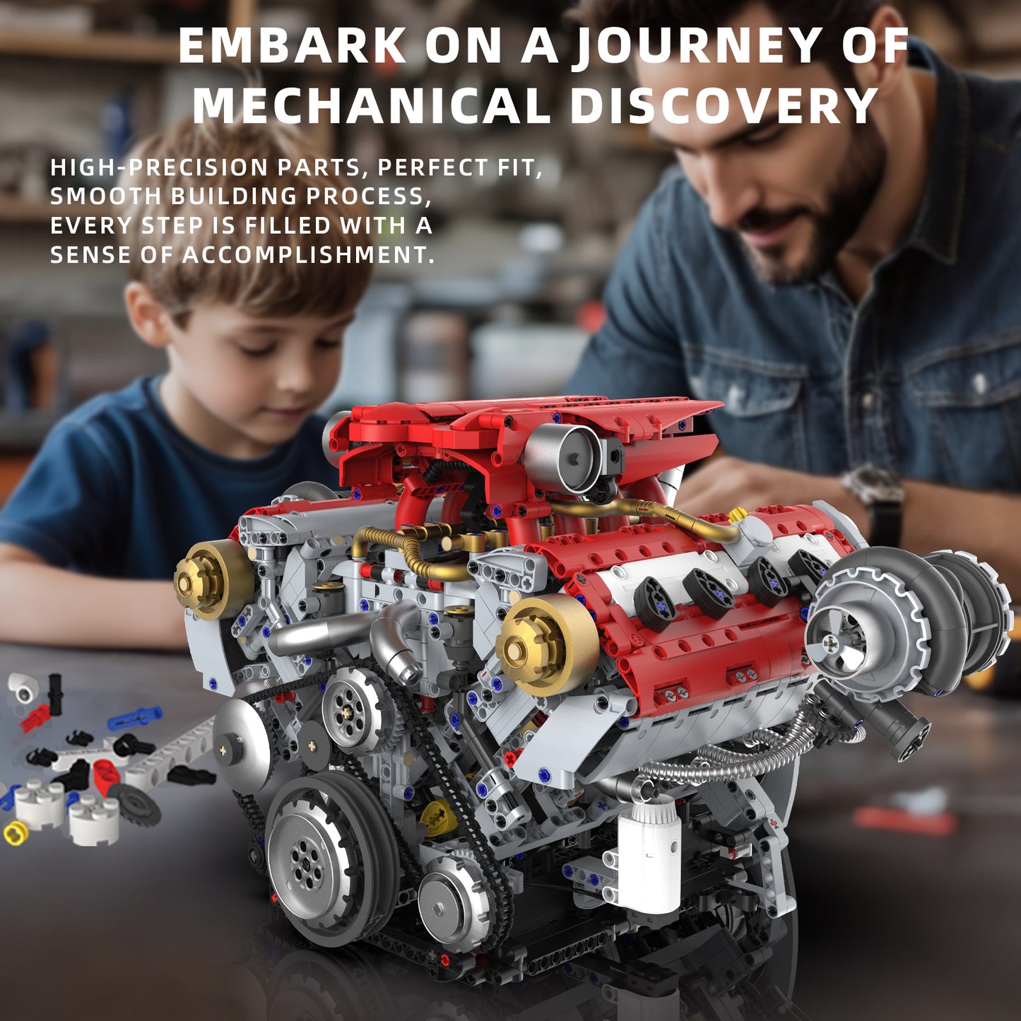 Ferrari-Style Realistic V8 Engine Model Building Kit, Motorized with APP Control & LED Lights - 3160+ PCS