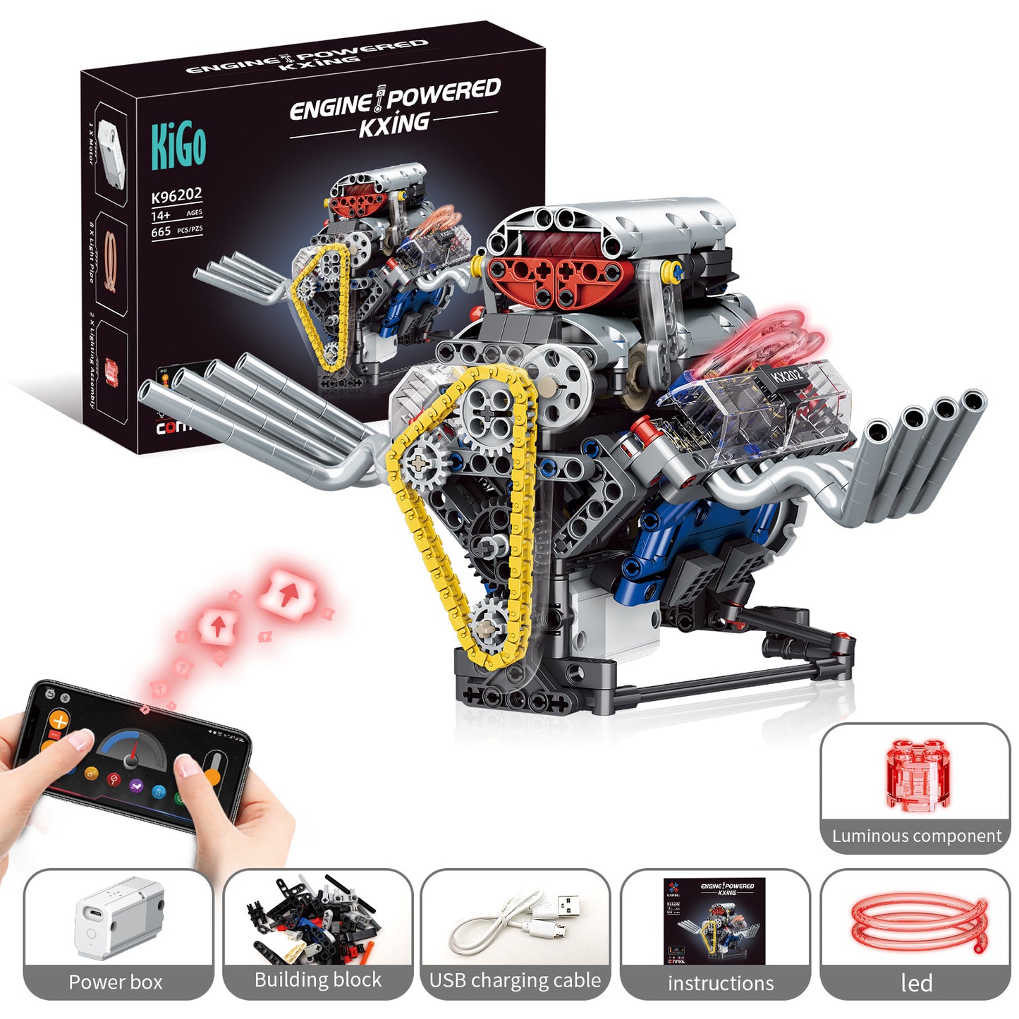 Hellcat-Style Realistic Engine Model Building Kit, Motorized with APP Control & LED Lights - 665+ PCS
