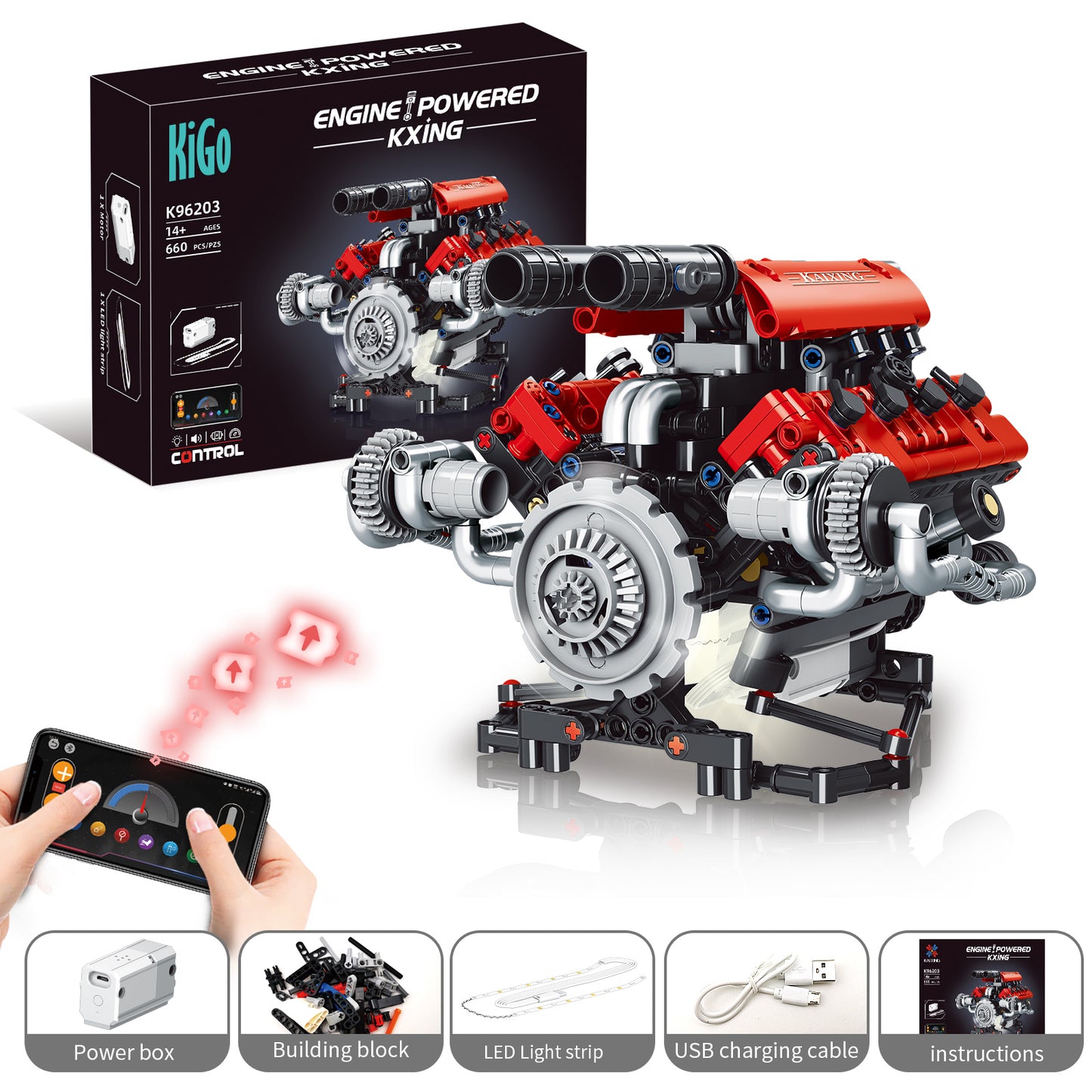 Ferrari-Style Realistic V8 Engine Model Building Kit, Motorized with APP Control & LED Lights - 665+ PCS