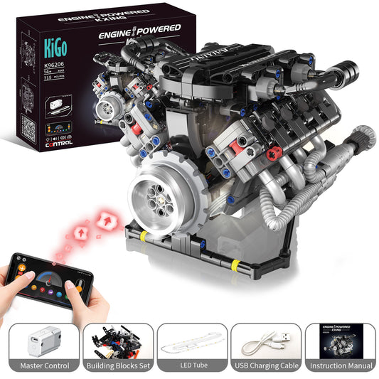 Lambo-Style Realistic V8 Engine Model Building Kit with APP Control & LED Lights - 715+ PCS STEM Toy, Collectible Display for Adults
