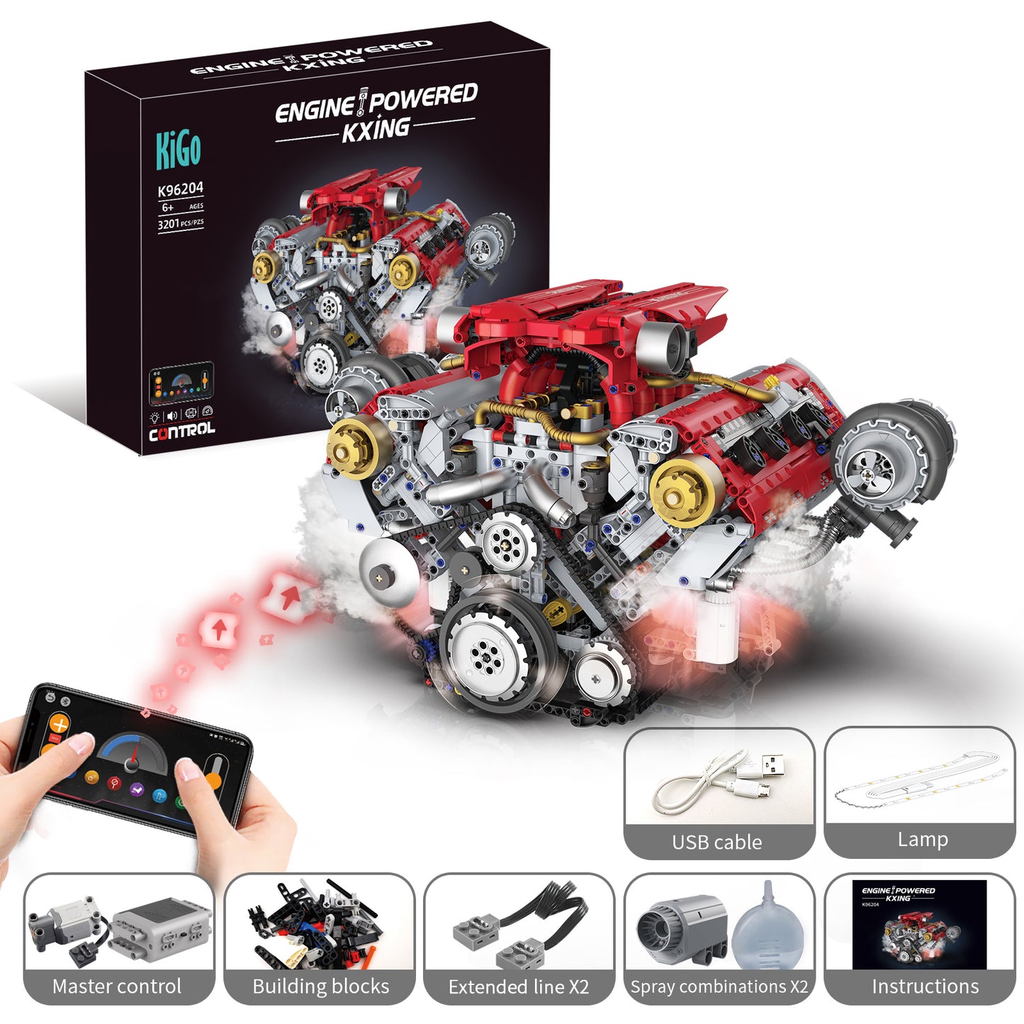 Ferrari-Style Realistic V8 Engine Model Building Kit, Motorized with APP Control & LED Lights - 3160+ PCS