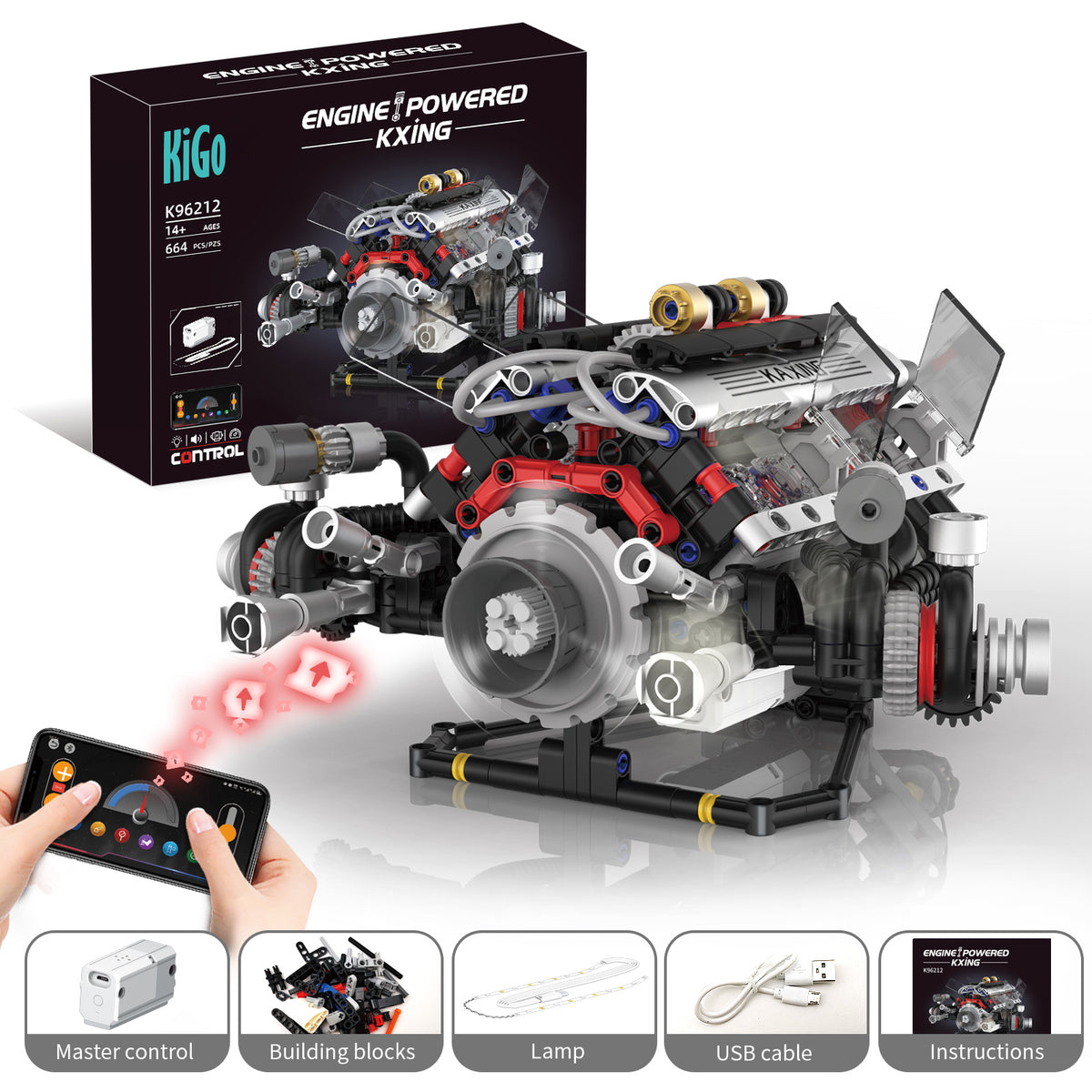 Realistic V8 Engine BMW-Style Realistic V8 Engine Model Building Kit, Motorized with APP C ...